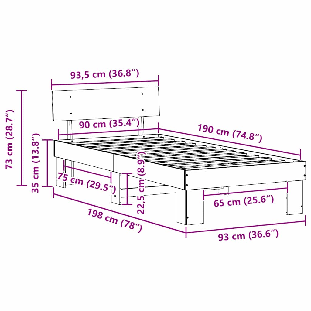 vidaXL Σκελετός Κρεβατιού Φυσικό 90 x 190 cm Στερεά ξυλεία πεύκου