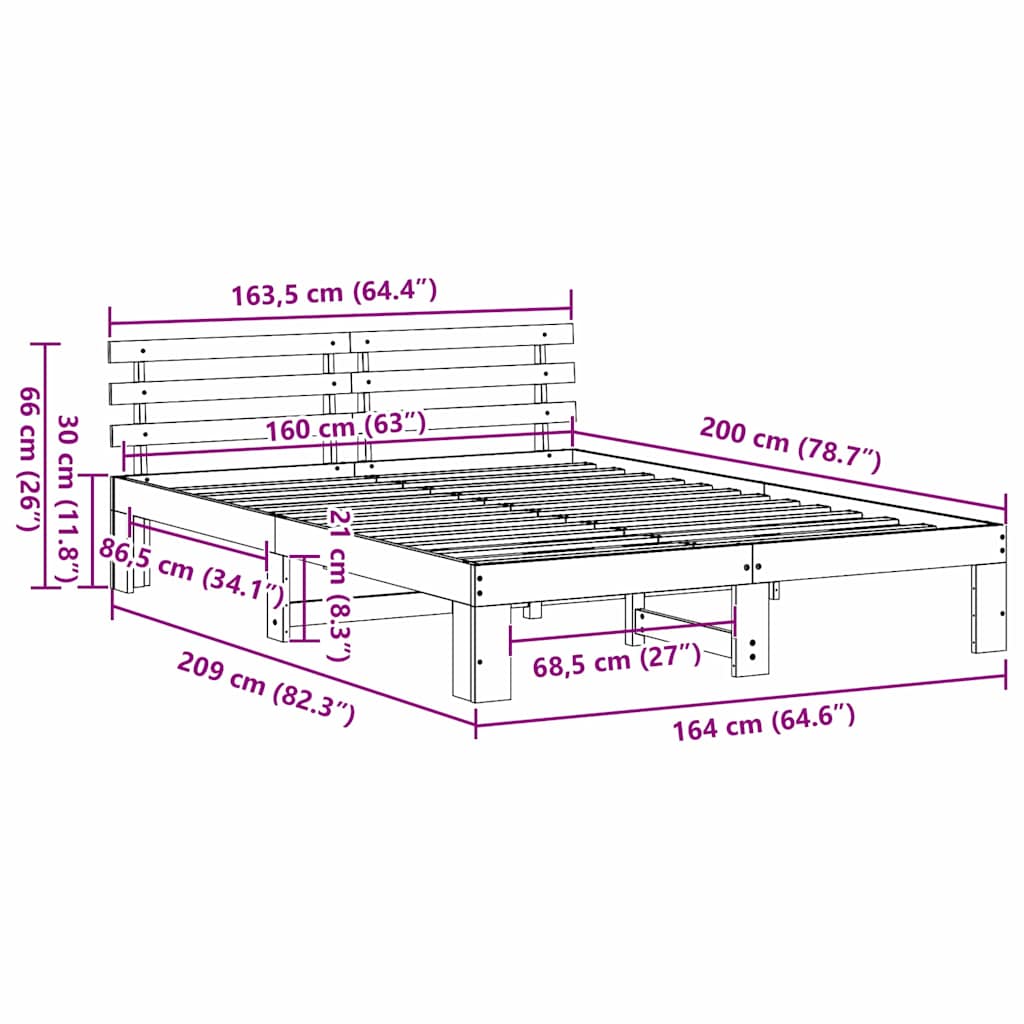vidaXL Σκελετός Κρεβατιού Φυσικό 160 x 200 cm Στερεά ξυλεία πεύκου