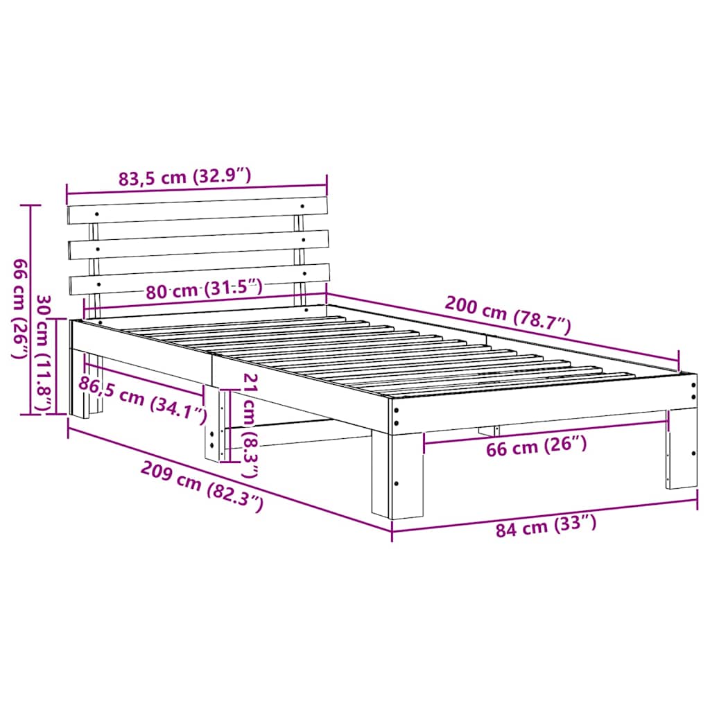 vidaXL Σκελετός Κρεβατιού Φυσικό 80 x 200 cm Στερεά ξυλεία πεύκου