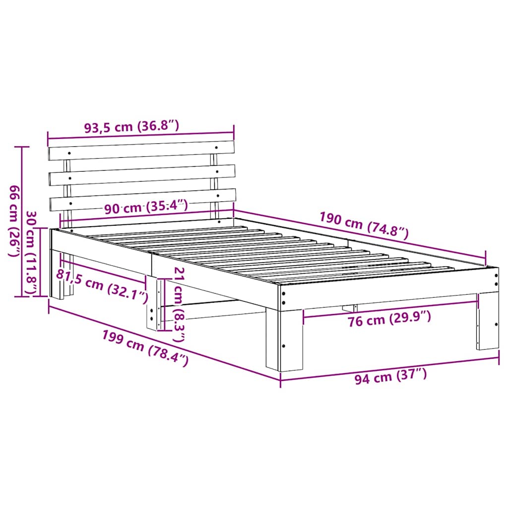 vidaXL Σκελετός Κρεβατιού Λευκό 90 x 190 cm Στερεά ξυλεία πεύκου
