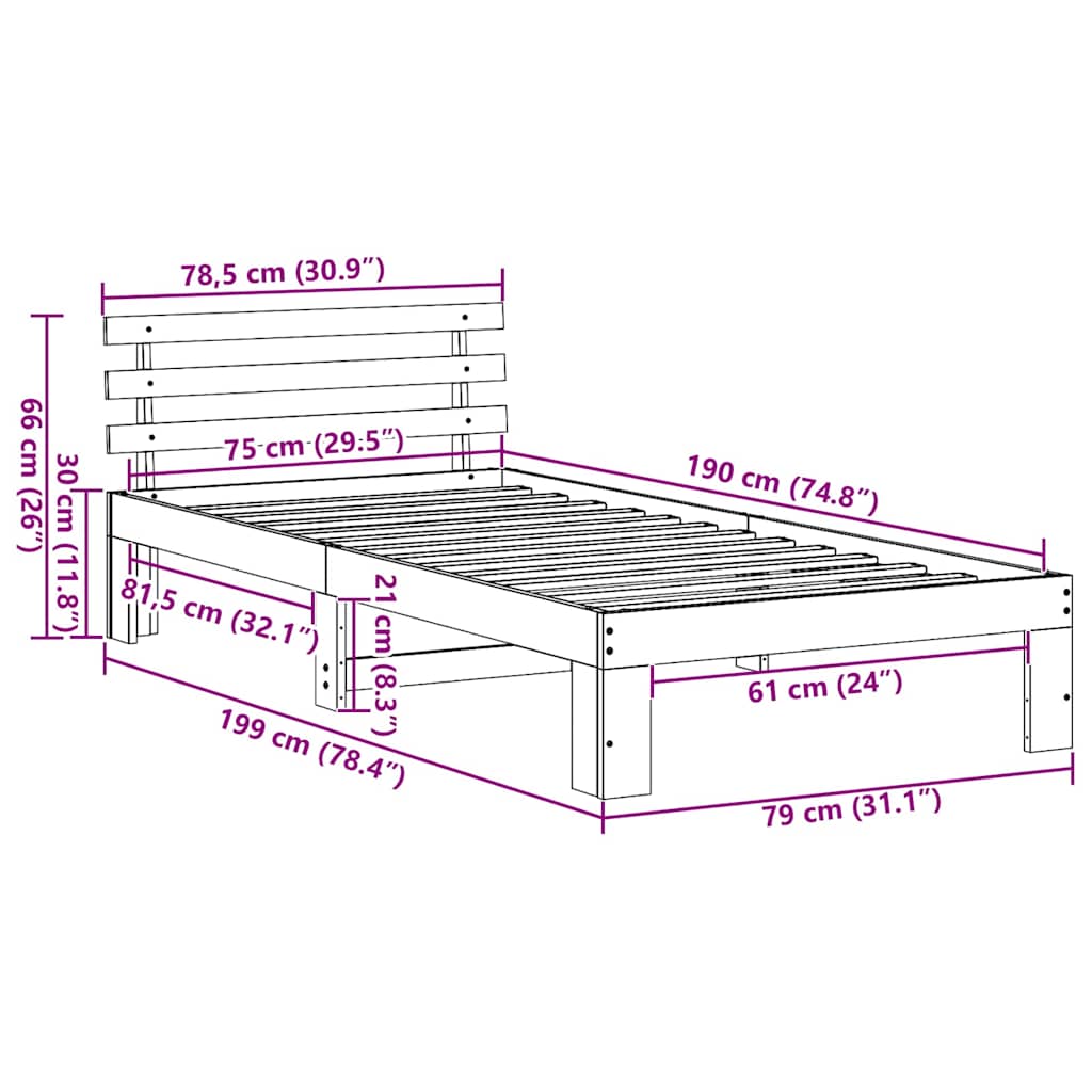 vidaXL Σκελετός Κρεβατιού Λευκό 75 x 190 cm Στερεά ξυλεία πεύκου