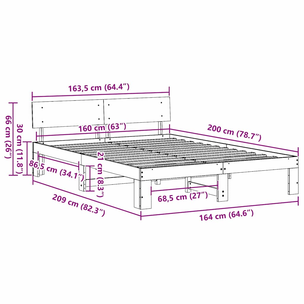 vidaXL Σκελετός Κρεβατιού Λευκό 160 x 200 cm Στερεά ξυλεία πεύκου
