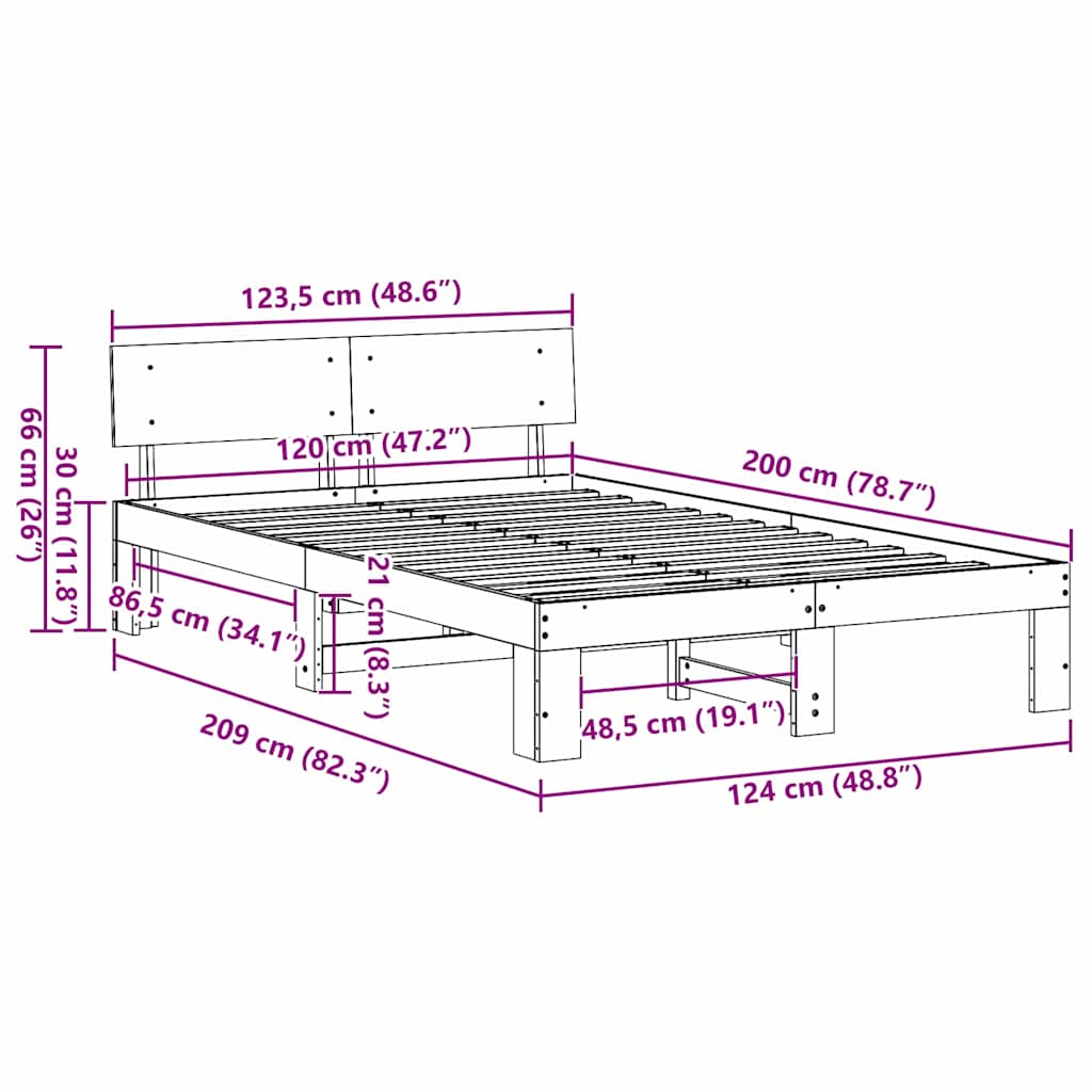 vidaXL Σκελετός Κρεβατιού Φυσικό 120 x 200 cm Στερεά ξυλεία πεύκου