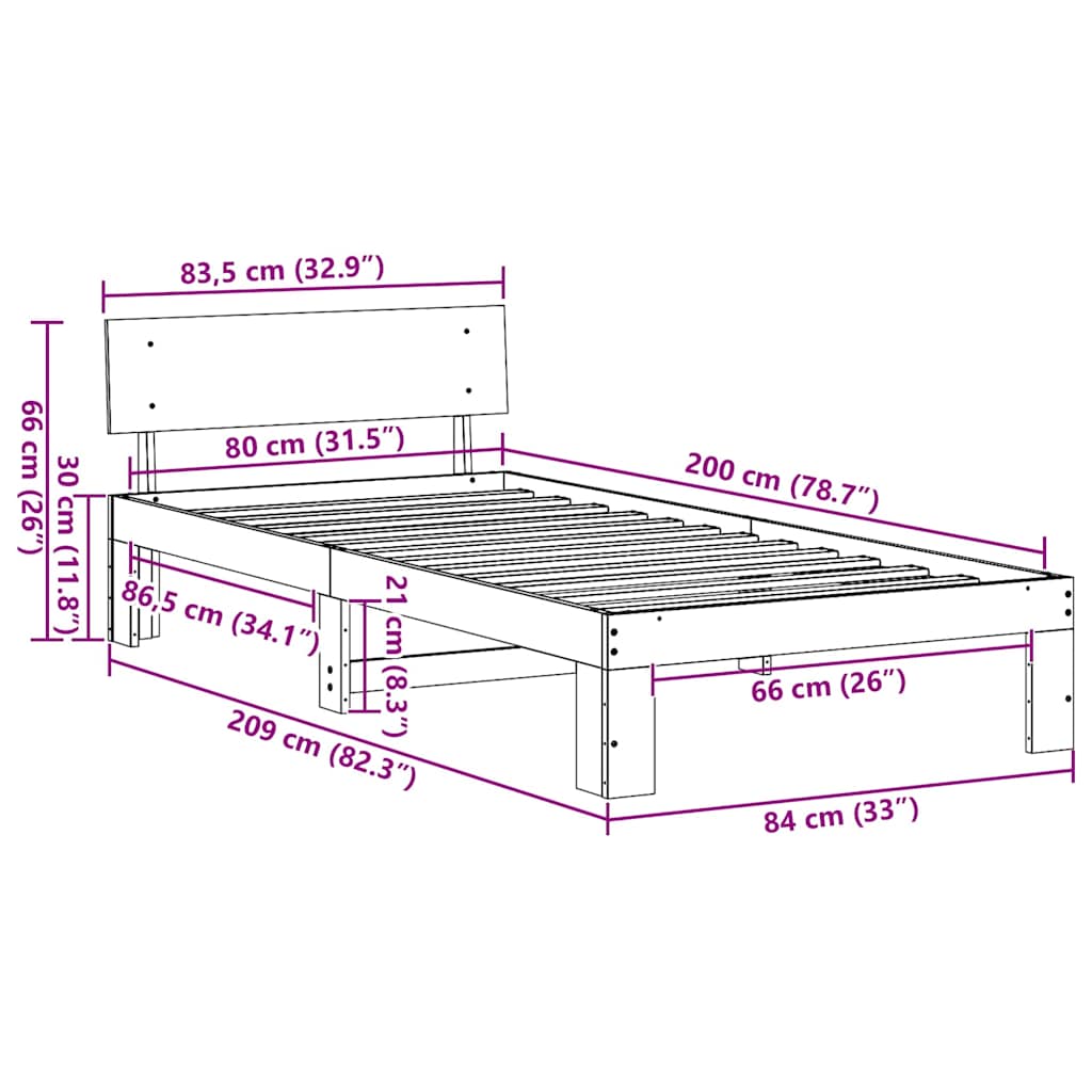 vidaXL Σκελετός Κρεβατιού Φυσικό 80 x 200 cm Στερεά ξυλεία πεύκου