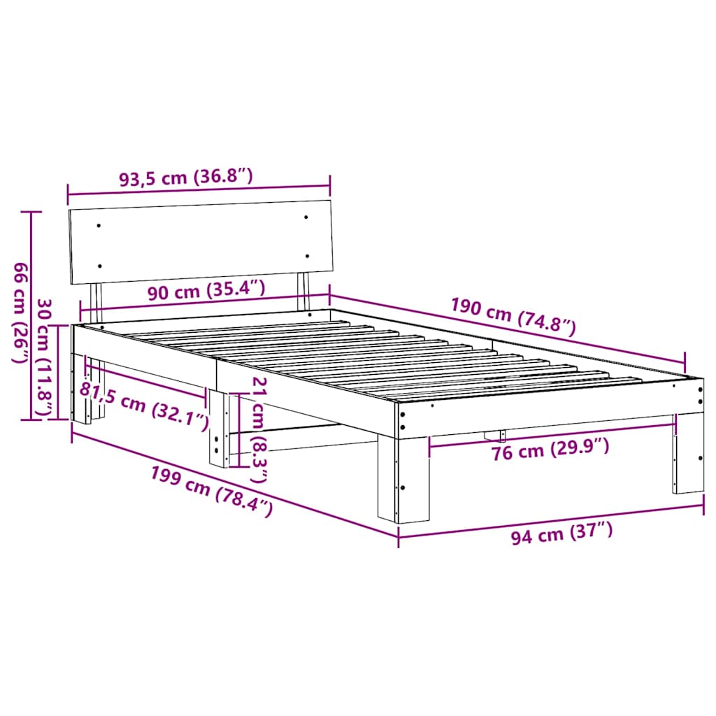 vidaXL Σκελετός Κρεβατιού Φυσικό 90 x 190 cm Στερεά ξυλεία πεύκου