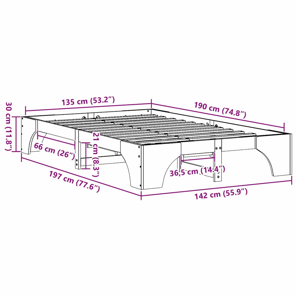 vidaXL Σκελετός Κρεβατιού Φυσικό 135 x 190 cm Στερεά ξυλεία πεύκου