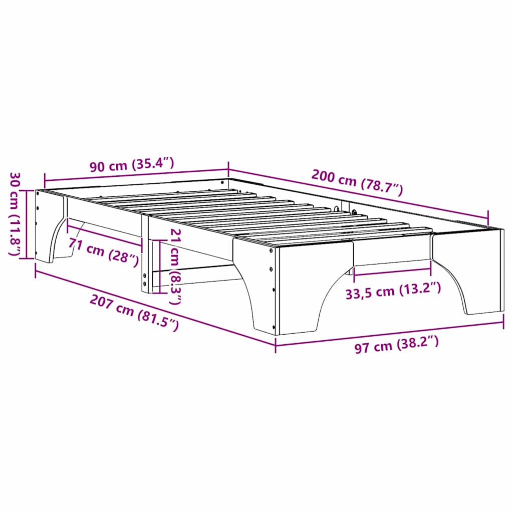 vidaXL Σκελετός Κρεβατιού Φυσικό 90 x 200 cm Στερεά ξυλεία πεύκου