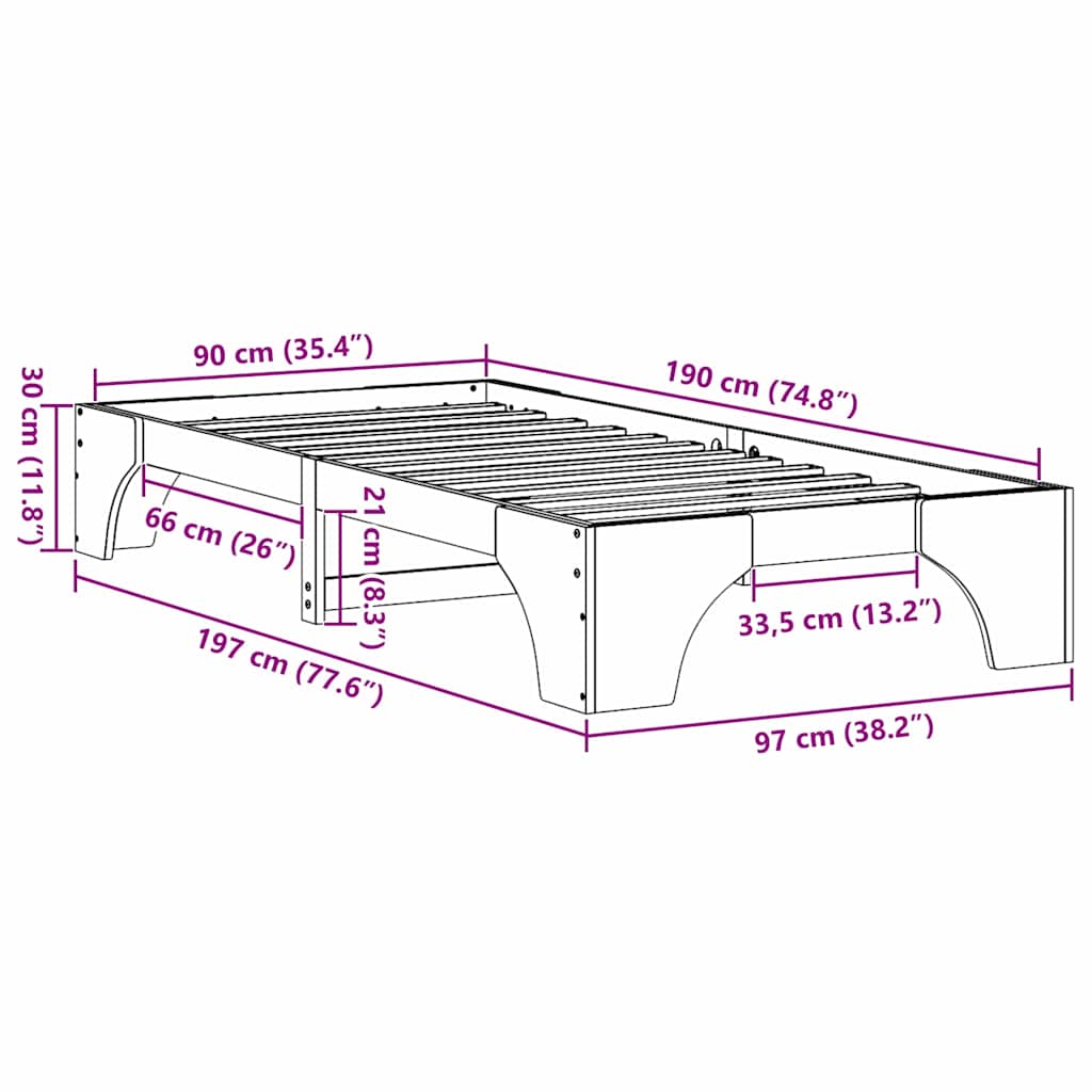 vidaXL Σκελετός Κρεβατιού Κερωτό καφέ 90 x 190 cm Στερεά ξυλεία πεύκου