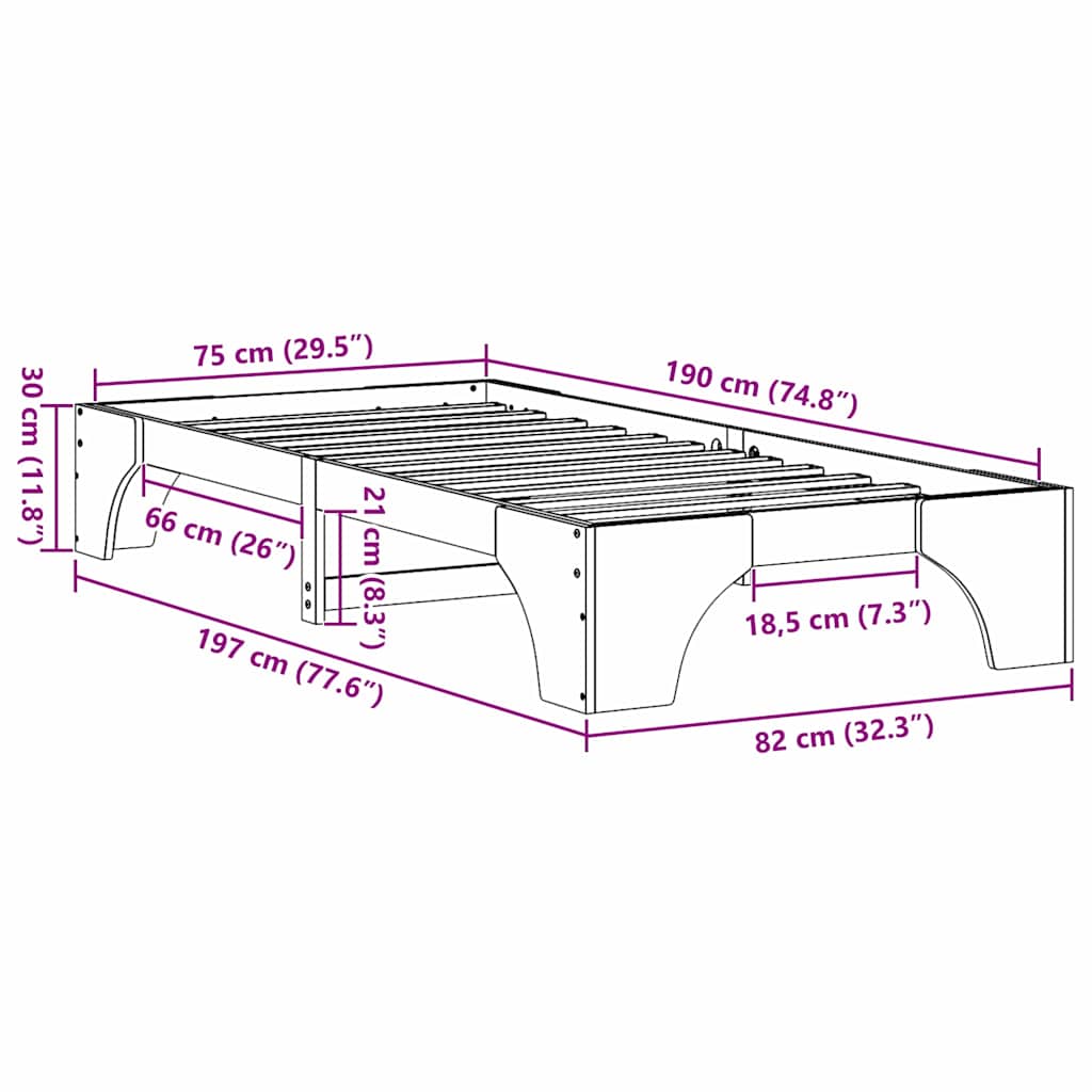 vidaXL Σκελετός Κρεβατιού Κερωτό καφέ 75 x 190 cm Στερεά ξυλεία πεύκου