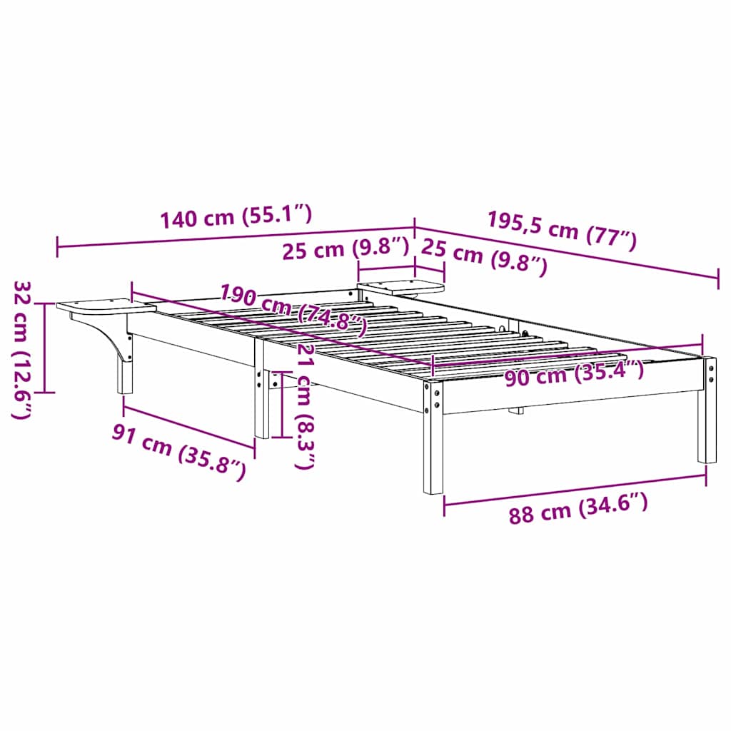 vidaXL Σκελετός Κρεβατιού Φυσικό 90 x 190 cm Στερεά ξυλεία πεύκου
