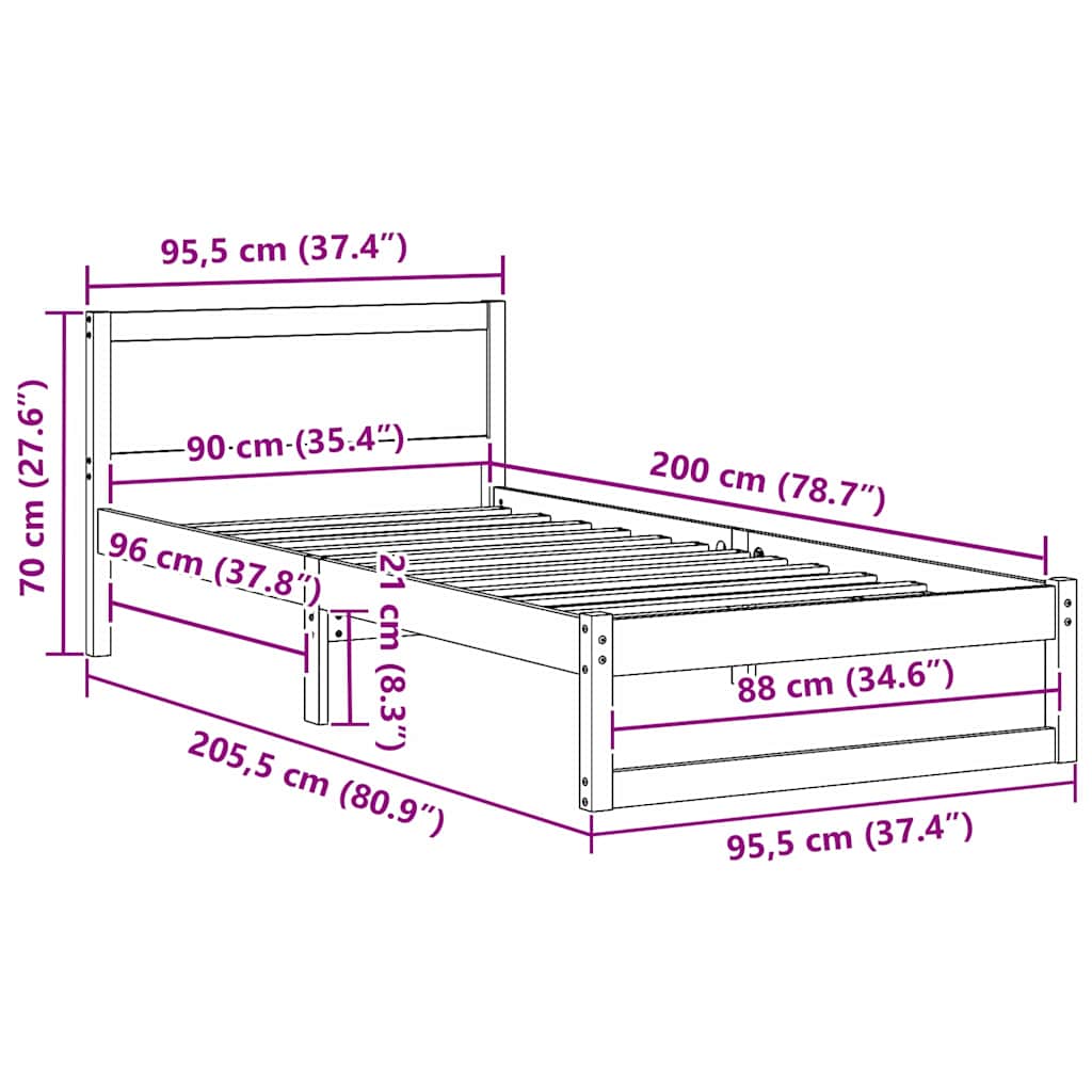 vidaXL Σκελετός Κρεβατιού Λευκό 90 x 200 cm Στερεά ξυλεία πεύκου