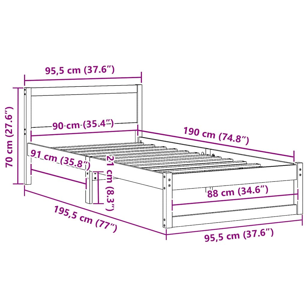 vidaXL Σκελετός Κρεβατιού Φυσικό 90 x 190 cm Στερεά ξυλεία πεύκου