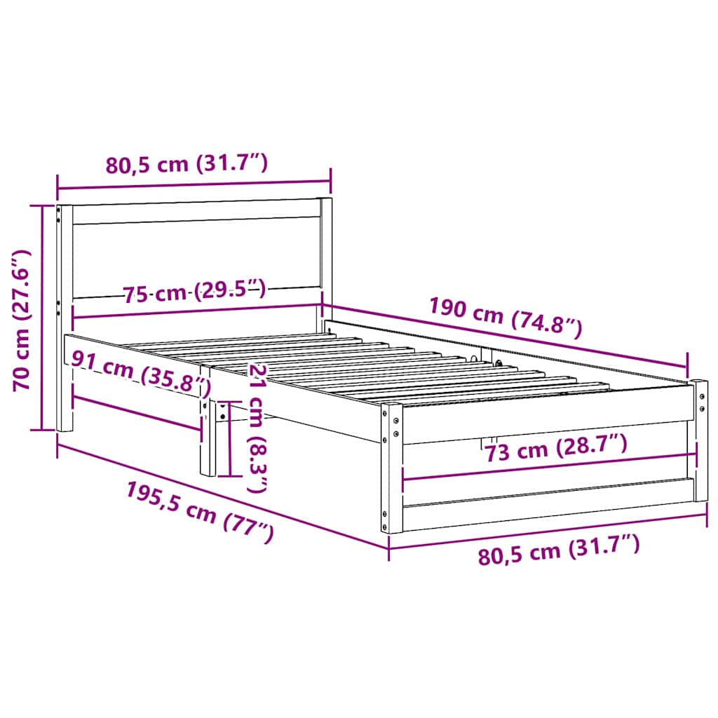 vidaXL Σκελετός Κρεβατιού Φυσικό 75 x 190 cm Στερεά ξυλεία πεύκου