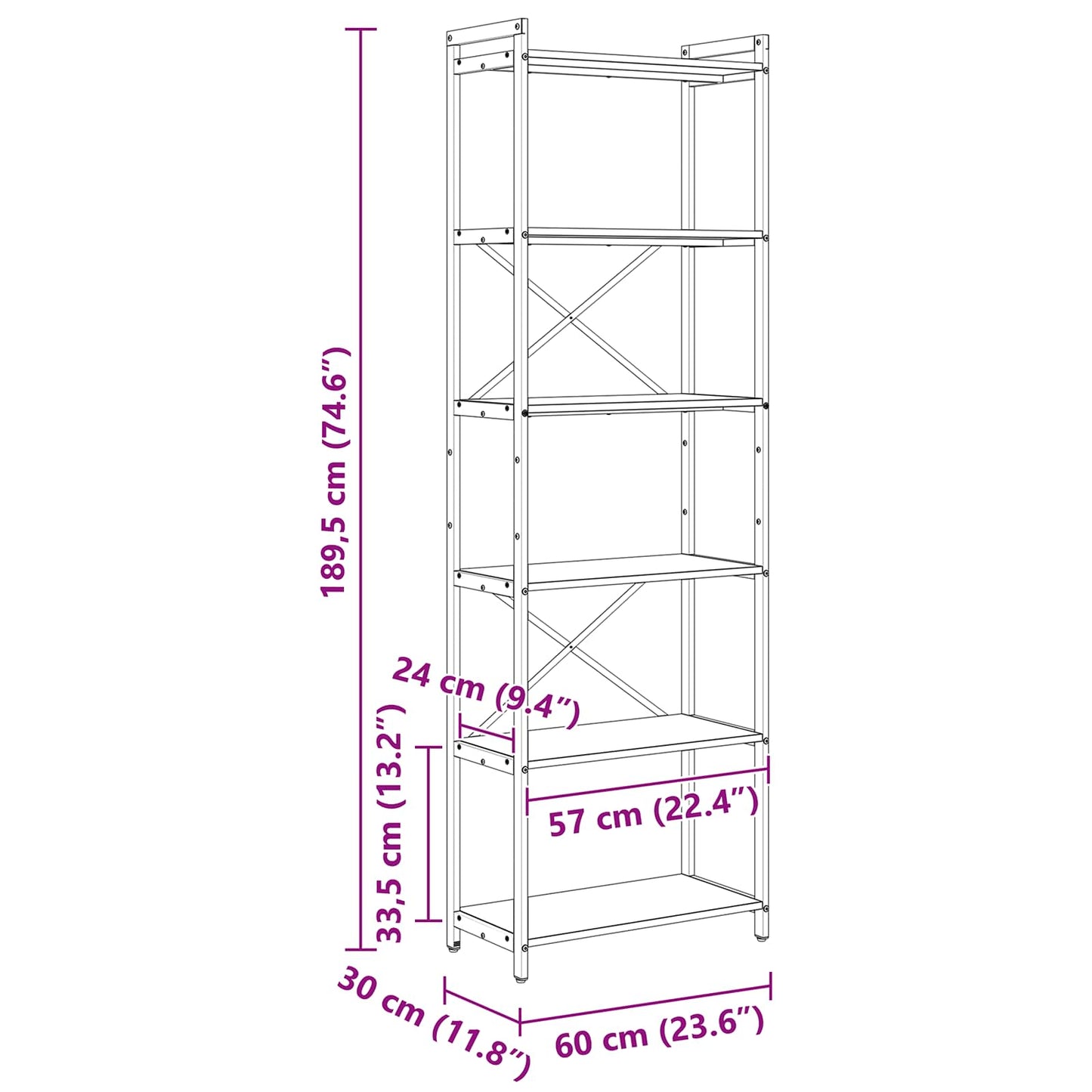 vidaXL Ράφι Βιβλίων 60 x 30 x 189,5 εκ Επεξεργασμένο Ξύλο Γκρι sonoma