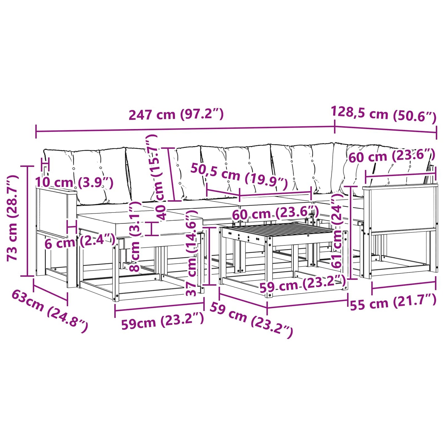 vidaXL Σειρά Καναπέ Εξωτερικού με μαξιλάρι 7 pcs Φυσικό και Μπεζ