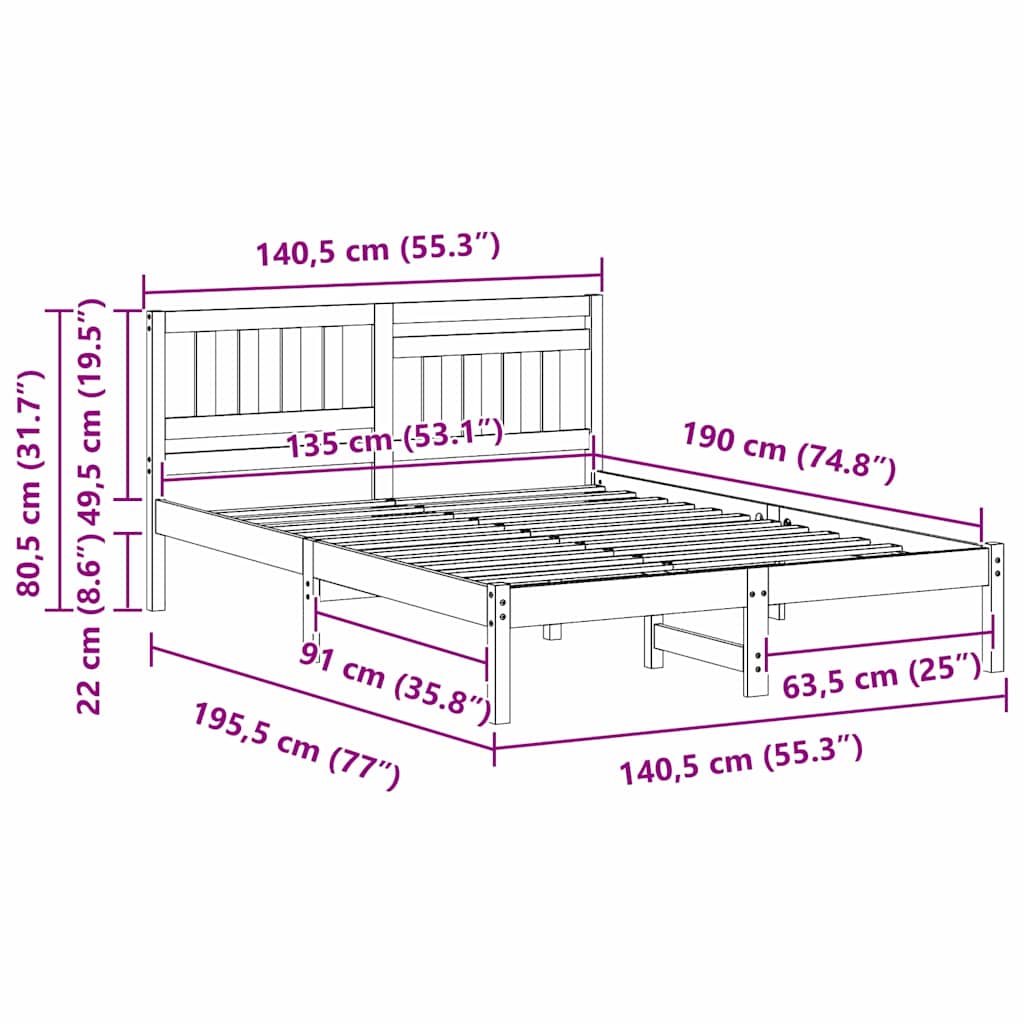 vidaXL Σκελετός Κρεβατιού Λευκό 135 x 190 cm Στερεά ξυλεία πεύκου