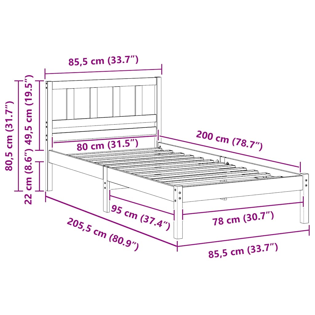 vidaXL Σκελετός Κρεβατιού Καφέ 80 x 200 cm Στερεά ξυλεία πεύκου