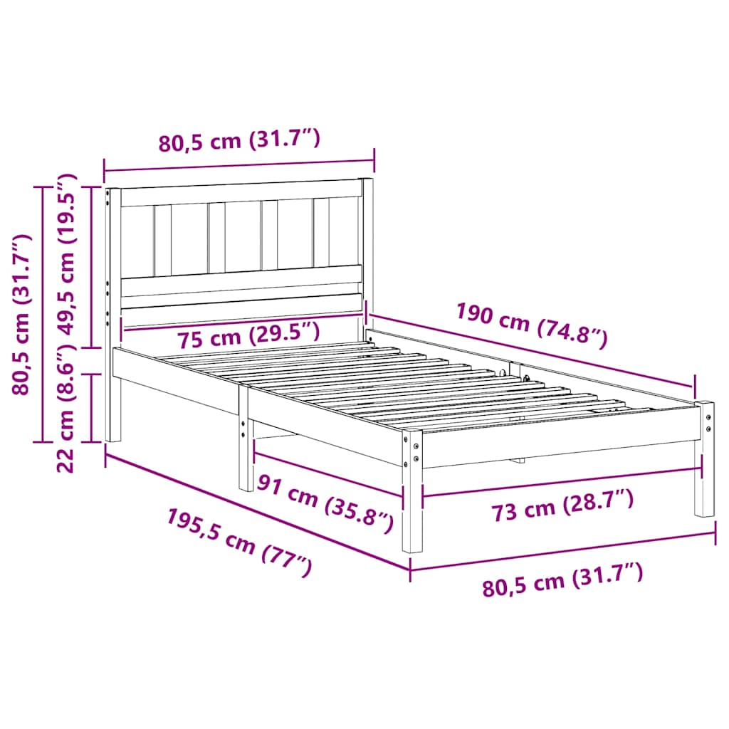 vidaXL Σκελετός Κρεβατιού Λευκό 75 x 190 cm Στερεά ξυλεία πεύκου