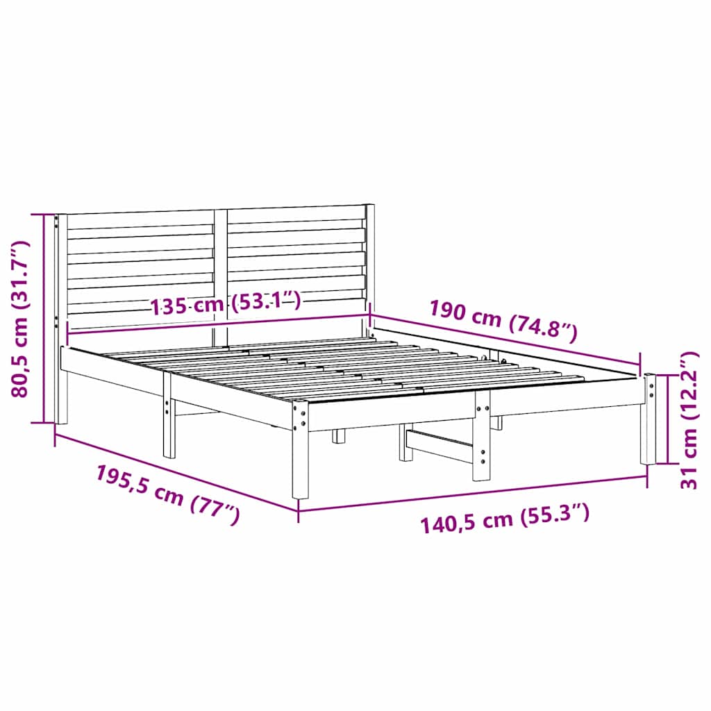 vidaXL Σκελετός Κρεβατιού Καφέ 135 x 190 cm Μασίφ ξύλο πεύκου