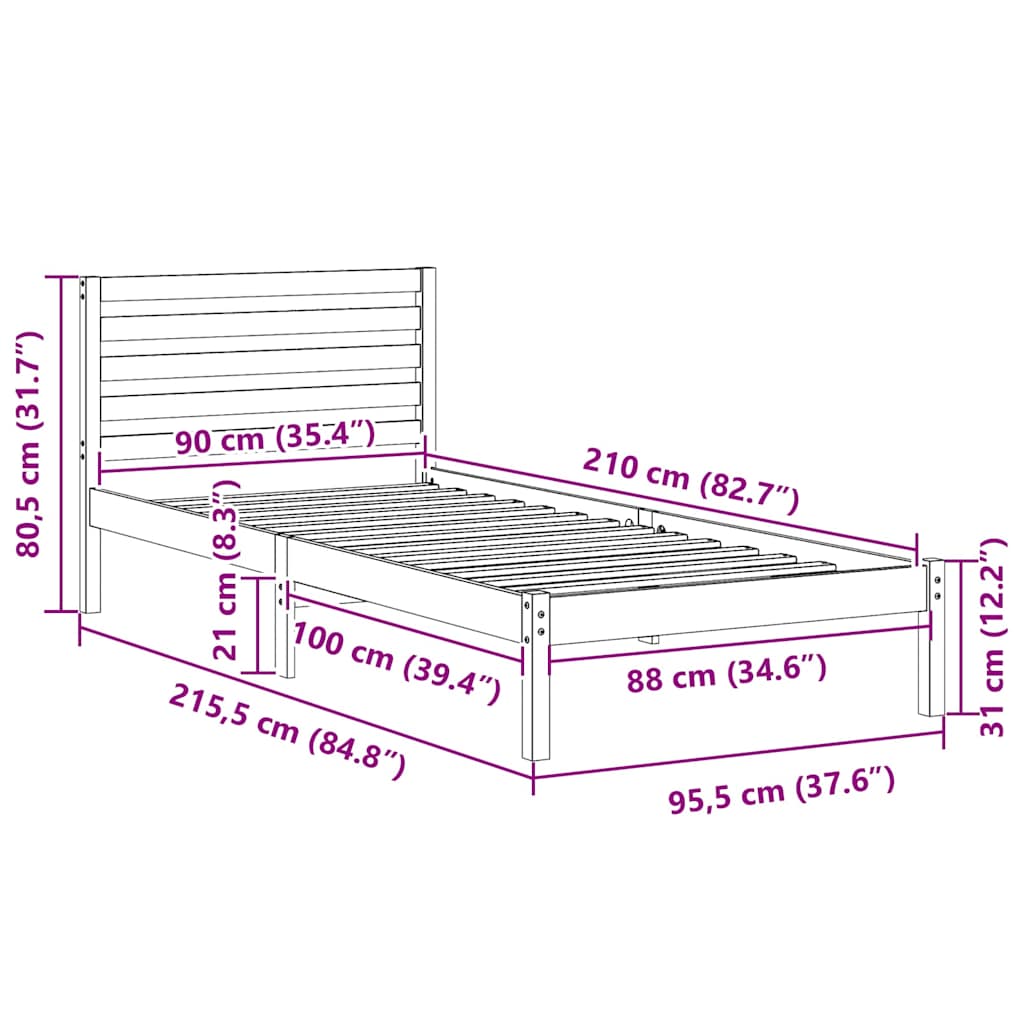 vidaXL Σκελετός Κρεβατιού Λευκό 90 x 210 cm Μασίφ ξύλο πεύκου