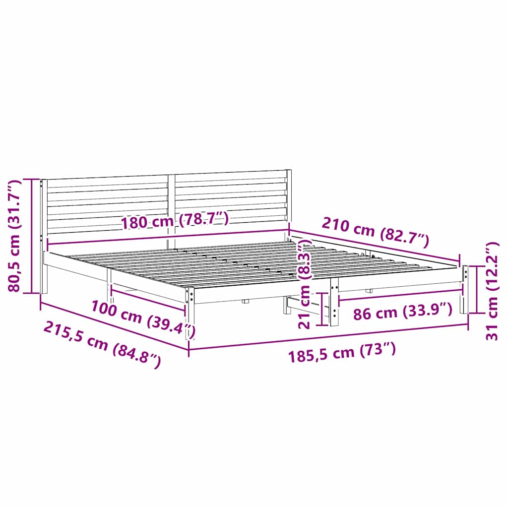 vidaXL Σκελετός Κρεβατιού Λευκό 180 x 210 cm Μασίφ ξύλο πεύκου