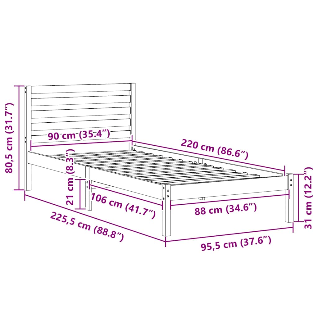 vidaXL Σκελετός Κρεβατιού Λευκό 90 x 220 cm Μασίφ ξύλο πεύκου