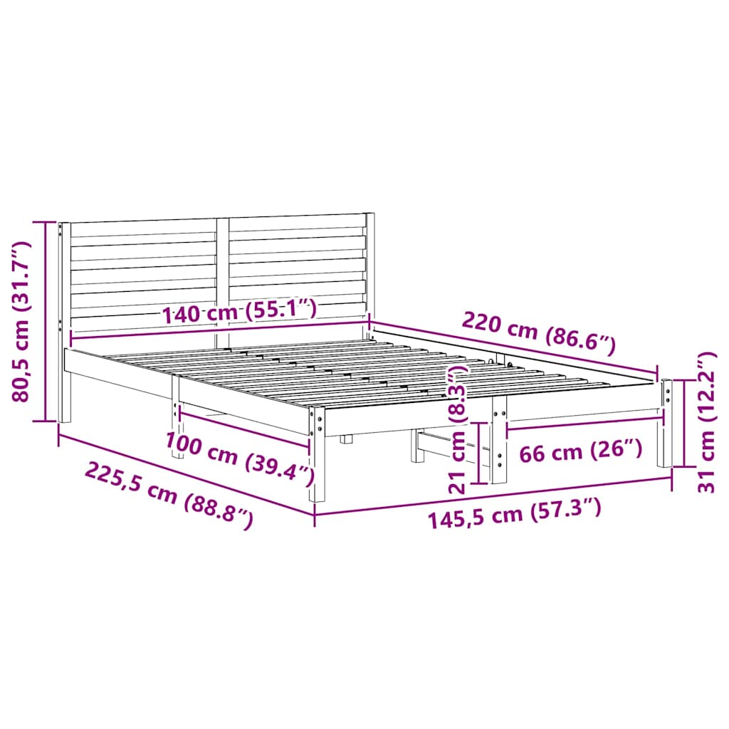 vidaXL Σκελετός Κρεβατιού Λευκό 140 x 220 cm Μασίφ ξύλο πεύκου