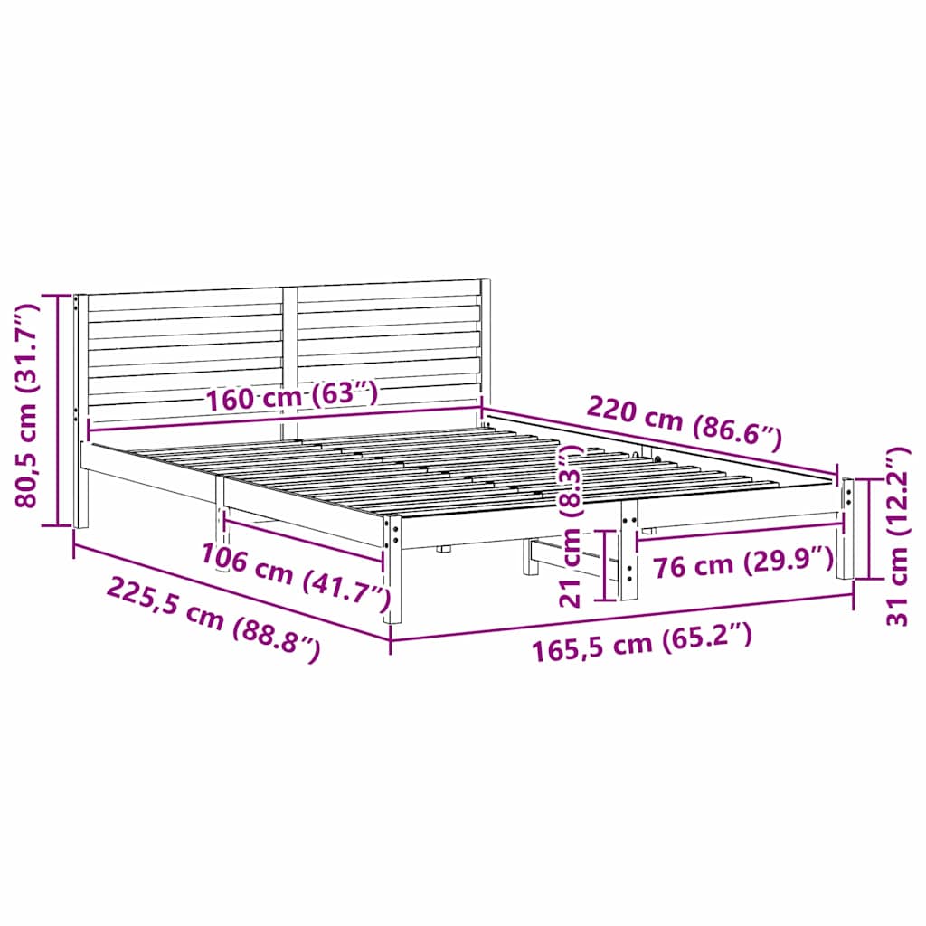 vidaXL Σκελετός Κρεβατιού Καφέ 160 x 220 cm Μασίφ ξύλο πεύκου