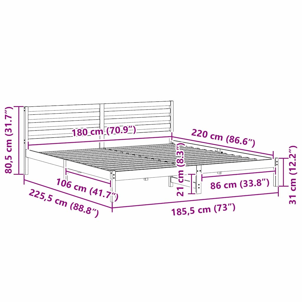 vidaXL Σκελετός Κρεβατιού Λευκό 180 x 220 εκ. Μασίφ ξύλο πεύκου