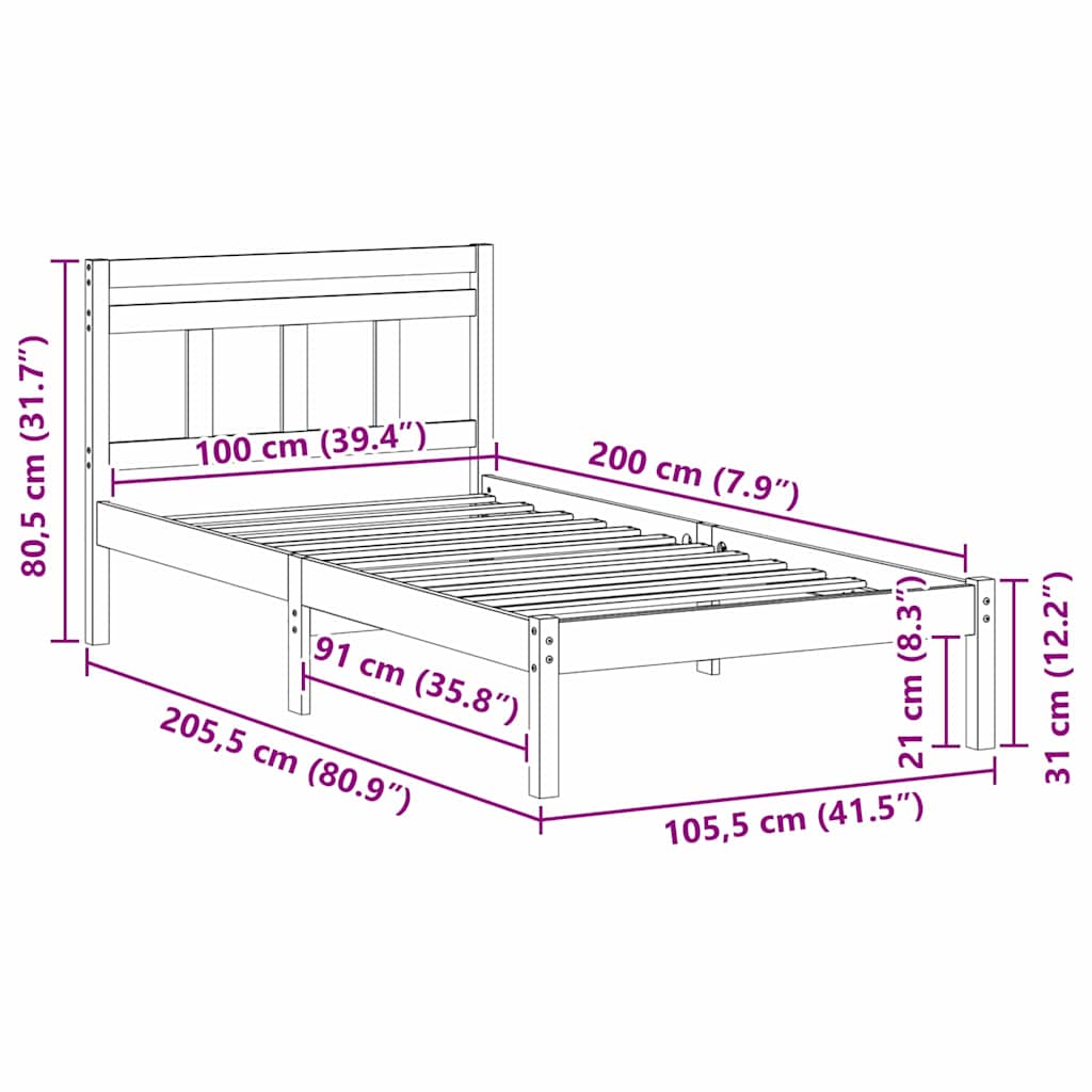 vidaXL Σκελετός Κρεβατιού Καφέ 100 x 200 cm Στερεά ξυλεία πεύκου