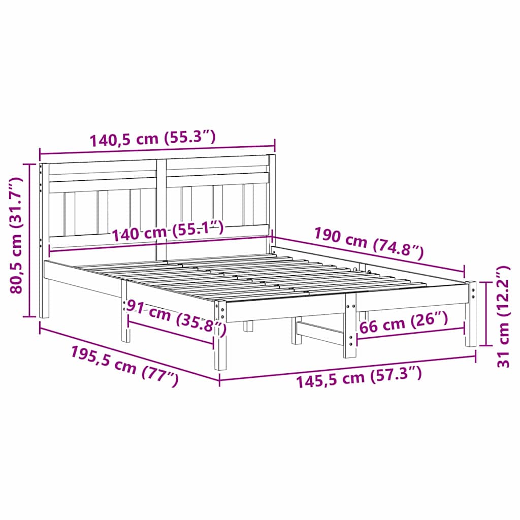 vidaXL Σκελετός Κρεβατιού με κεφαλάρι Λευκό Ξύλο πεύκου