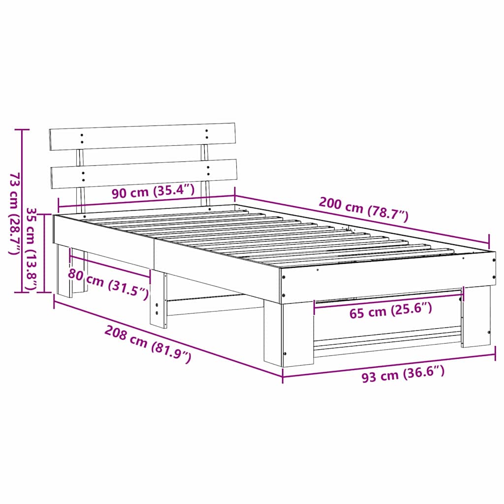 vidaXL Σκελετός Κρεβατιού Καφέ 90 x 200 cm Μασίφ ξύλο πεύκου