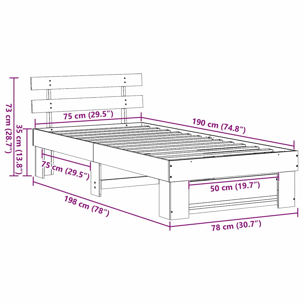 vidaXL Σκελετός Κρεβατιού Κερωτό καφέ 75 x 190 cm Στερεά ξυλεία πεύκου