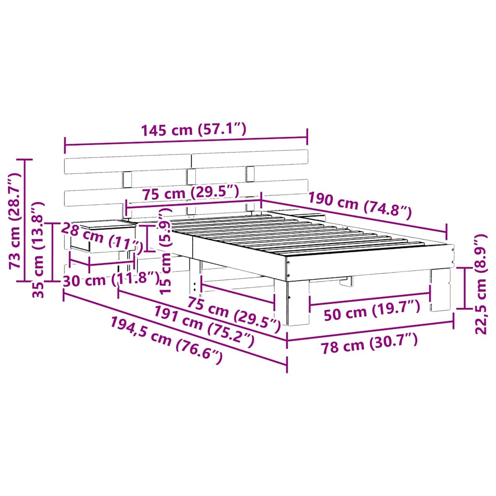 vidaXL Σκελετός Κρεβατιού Καφέ 75 x 190 cm Στερεά ξυλεία πεύκου