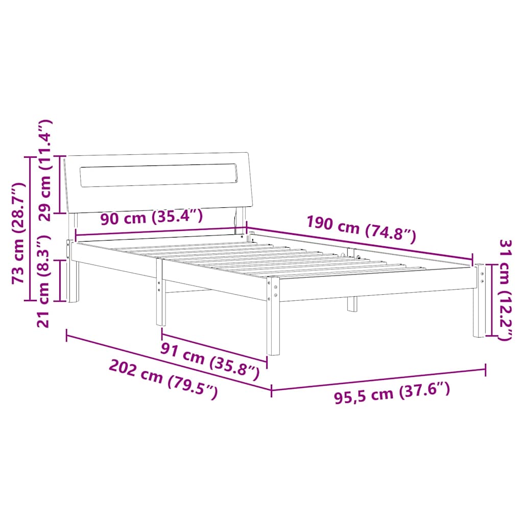 vidaXL Σκελετός Κρεβατιού Κερωτό καφέ 90 x 190 cm Στερεά ξυλεία πεύκου