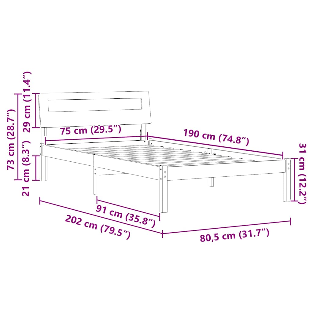 vidaXL Σκελετός Κρεβατιού Κερωτό καφέ 75 x 190 cm Στερεά ξυλεία πεύκου