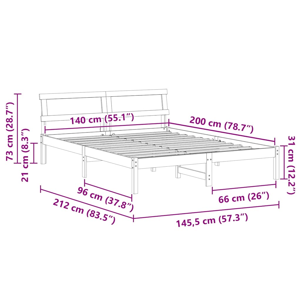 vidaXL Σκελετός Κρεβατιού Καφέ 140 x 200 cm Στερεά ξυλεία πεύκου