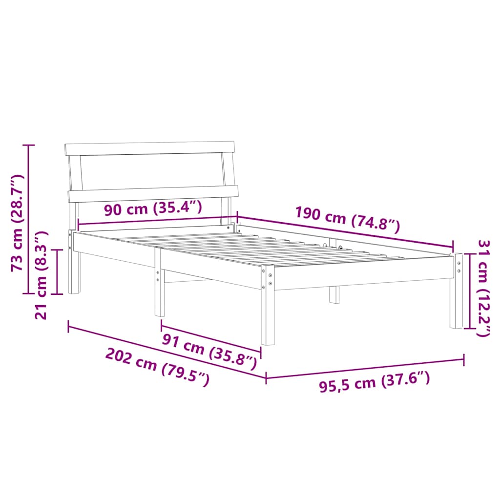 vidaXL Σκελετός Κρεβατιού Κερωτό καφέ 90 x 190 cm Στερεά ξυλεία πεύκου