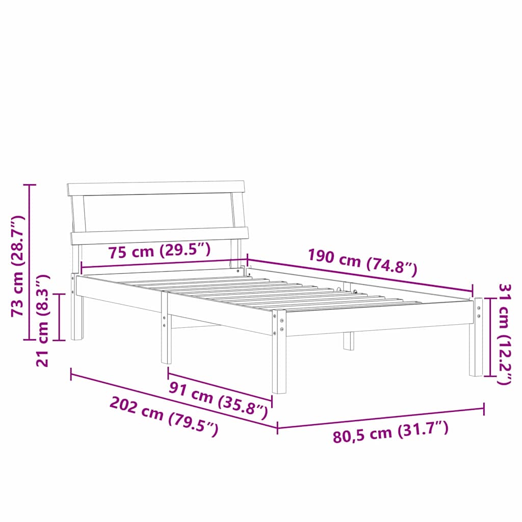 vidaXL Σκελετός Κρεβατιού Κερωτό καφέ 75 x 190 cm Στερεά ξυλεία πεύκου