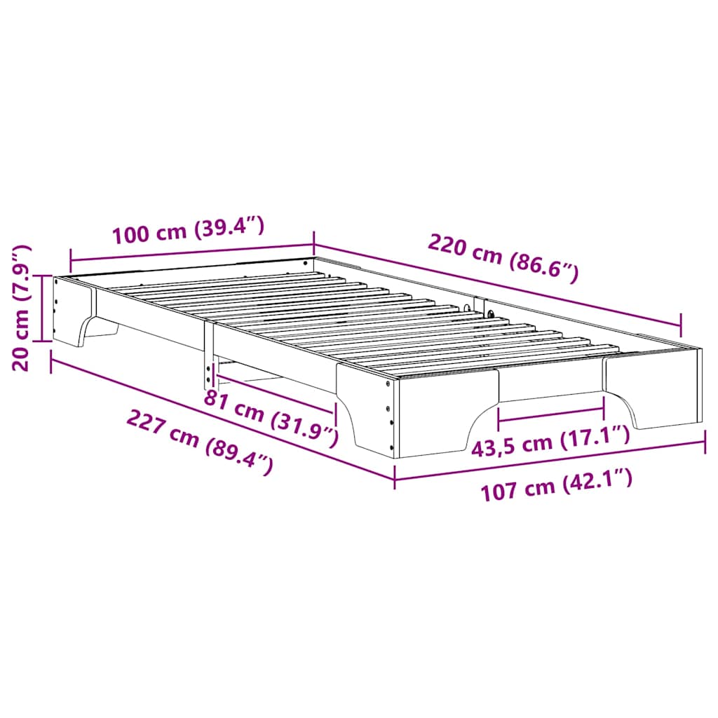 vidaXL Σκελετός Κρεβατιού Καφέ 100 x 220 cm Στερεά ξυλεία πεύκου