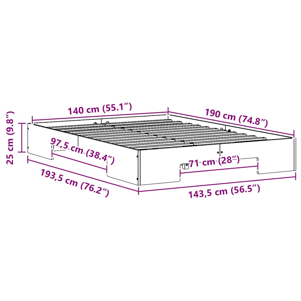 vidaXL Κρεβάτι δαπέδου Λευκό 140 x 190 cm Μασίφ ξύλο πεύκου