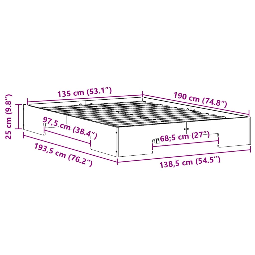 vidaXL Κρεβάτι δαπέδου Καφέ 135 x 190 cm Μασίφ ξύλο πεύκου