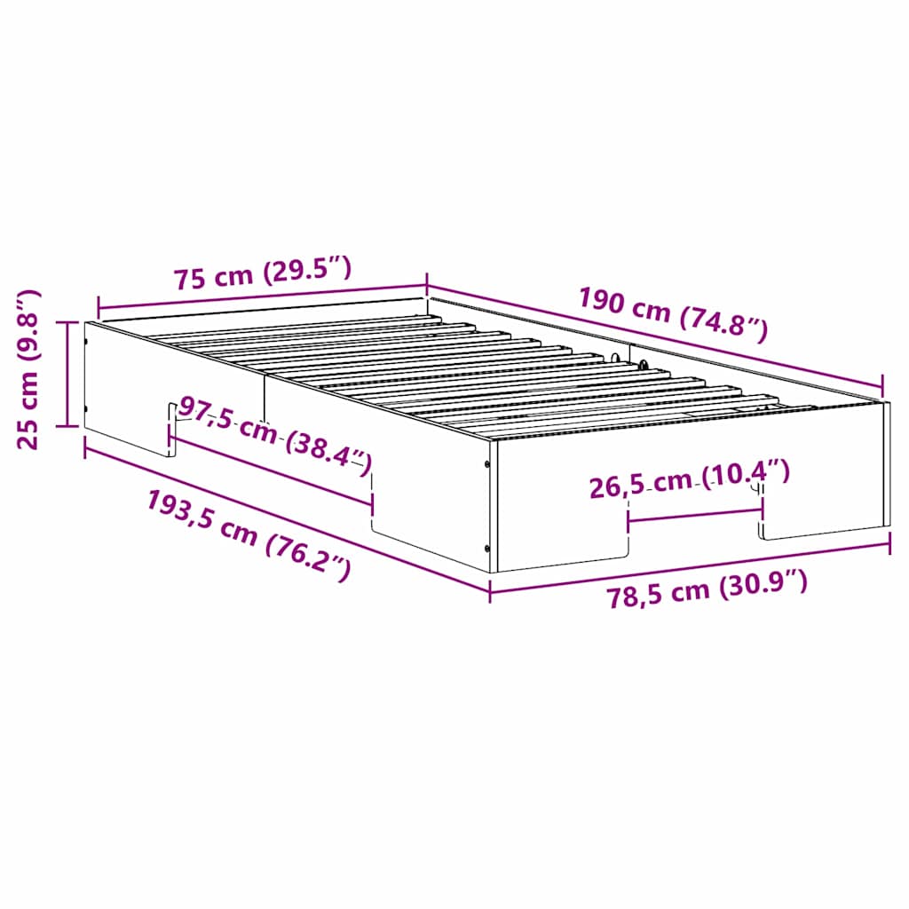 vidaXL Κρεβάτι δαπέδου Λευκό 75 x 190 cm Μασίφ ξύλο πεύκου