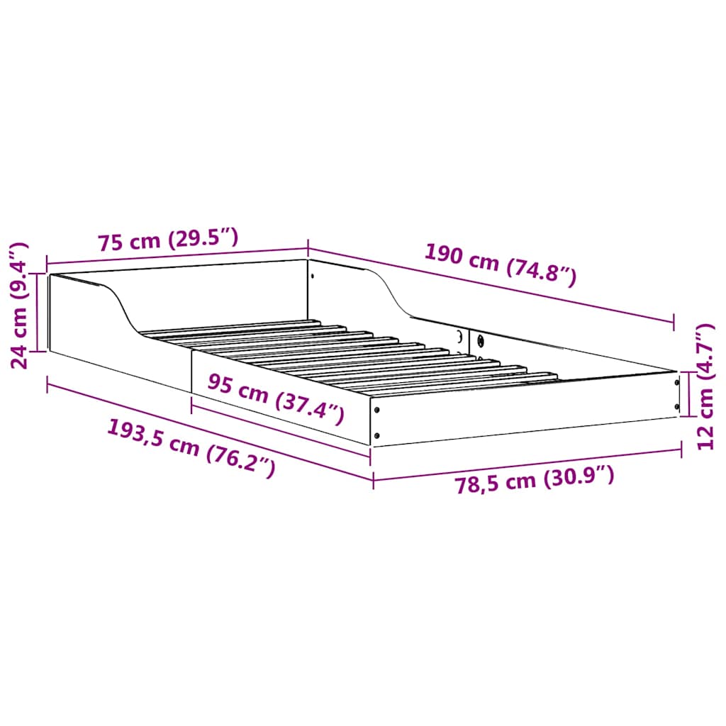 vidaXL Σκελετός Κρεβατιού Φυσικό 75 x 190 cm Στερεά ξυλεία πεύκου