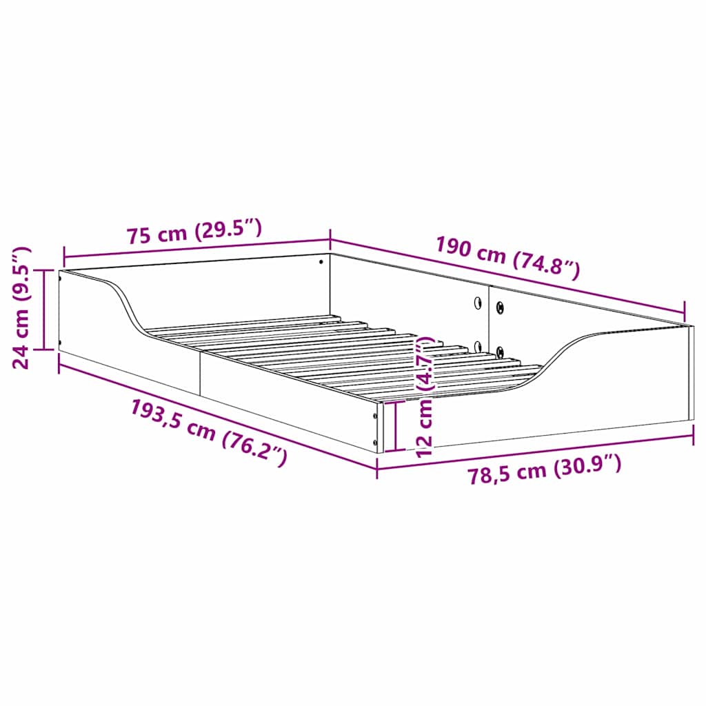 vidaXL Κρεβάτι δαπέδου Λευκό 75 x 190 cm Μασίφ ξύλο πεύκου
