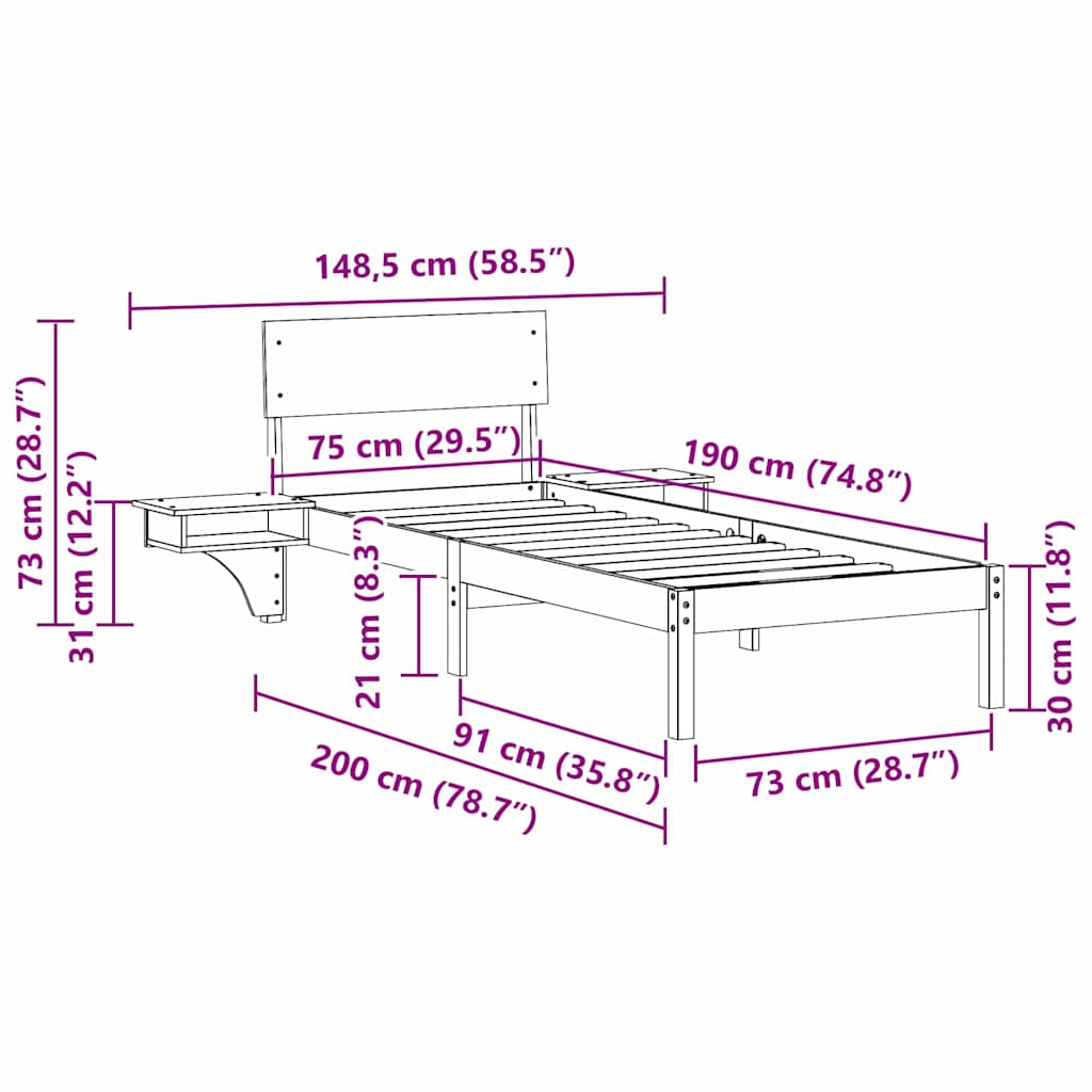 vidaXL Σκελετός Κρεβατιού Κερωτό καφέ 75 x 190 cm Στερεά ξυλεία πεύκου