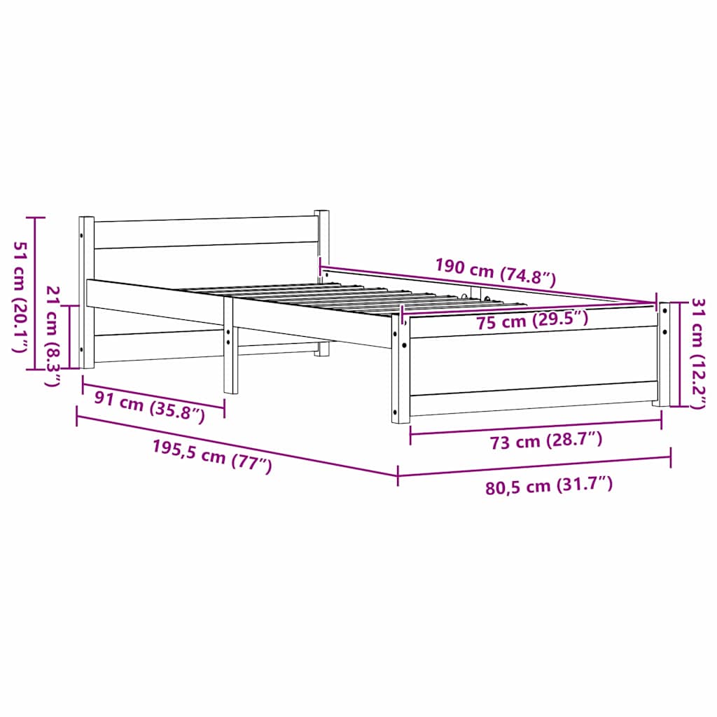 vidaXL Σκελετός Κρεβατιού Κερωτό καφέ 195,5 x 80,5 x 51 εκ.