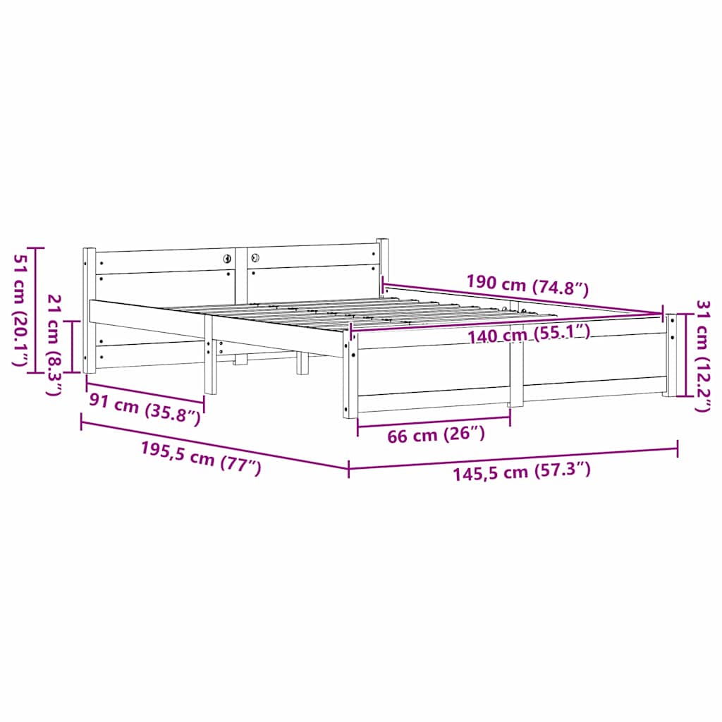 vidaXL Σκελετός Κρεβατιού Κερωτό καφέ 195,5 x 145,5 x 51 εκ.