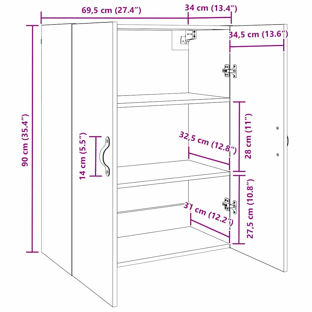 vidaXL Ντουλάπα Τοίχου Επιτοίχιο Παλιό ξύλο 69,5 x 34 x 90 εκ.