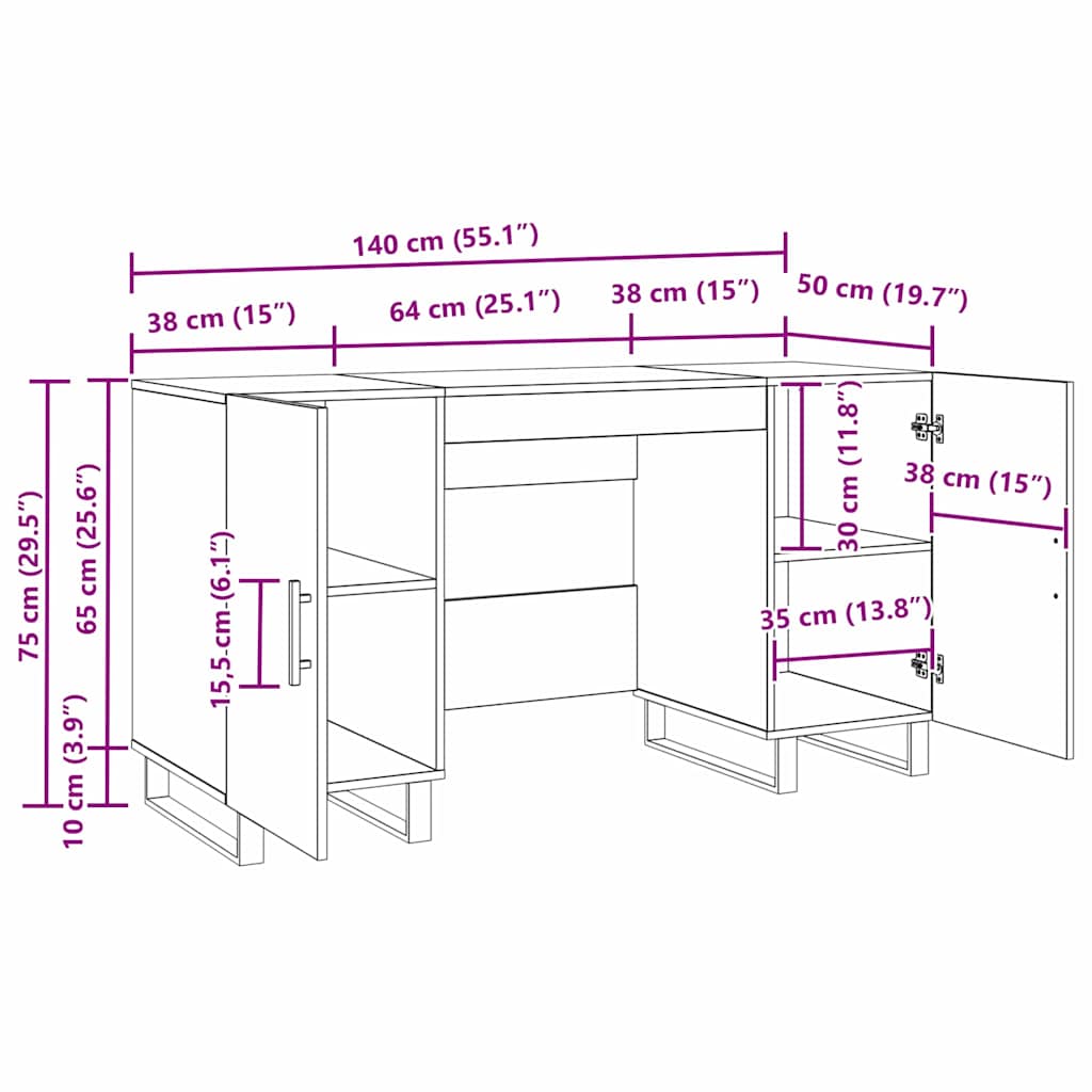 vidaXL Γραφείο artisan δρυς 140 x 50 x 75 εκ. Επεξεργασμένο ξύλο